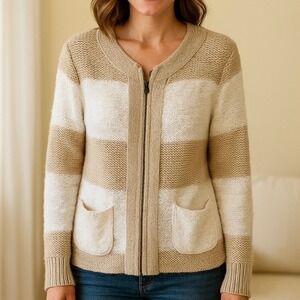 LOFT Cardigan Women XL Full Zip Pockets Cotton Linen Beige White Striped Sweater